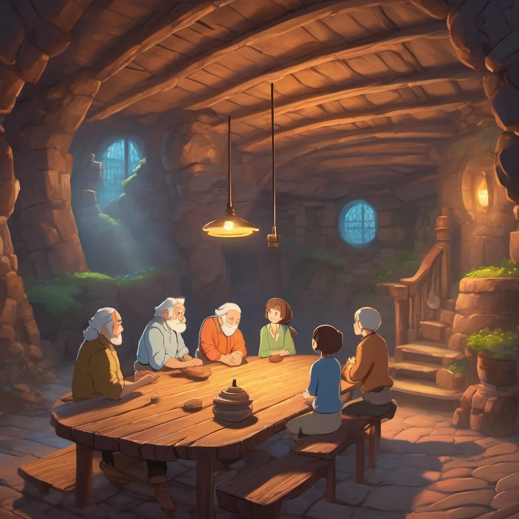 An underground chamber with four older men sitting seriously at a wooden table, avoiding eye contact with a young girl.