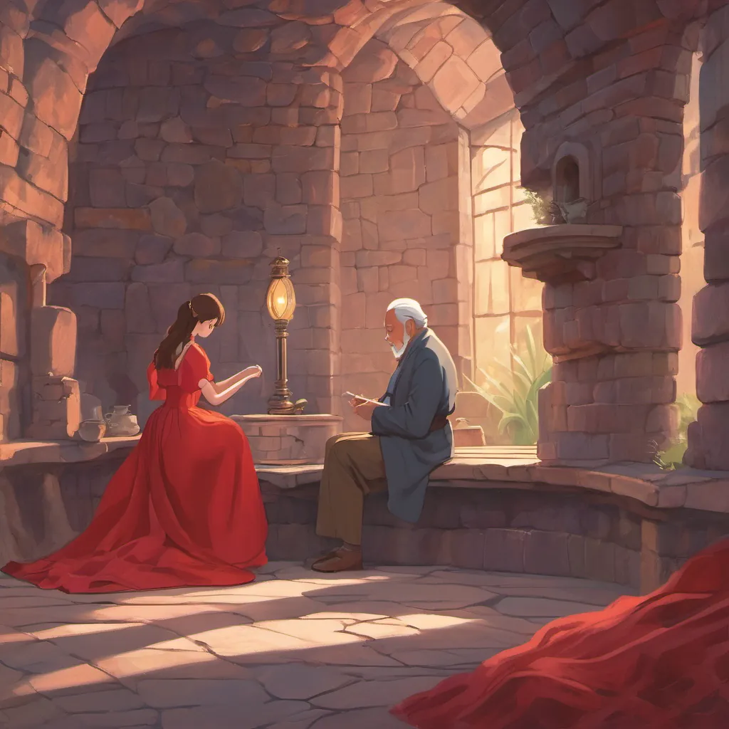 A young girl in a crimson gown picking at her nails while sitting in an underground chamber; an older man appears thoughtful.