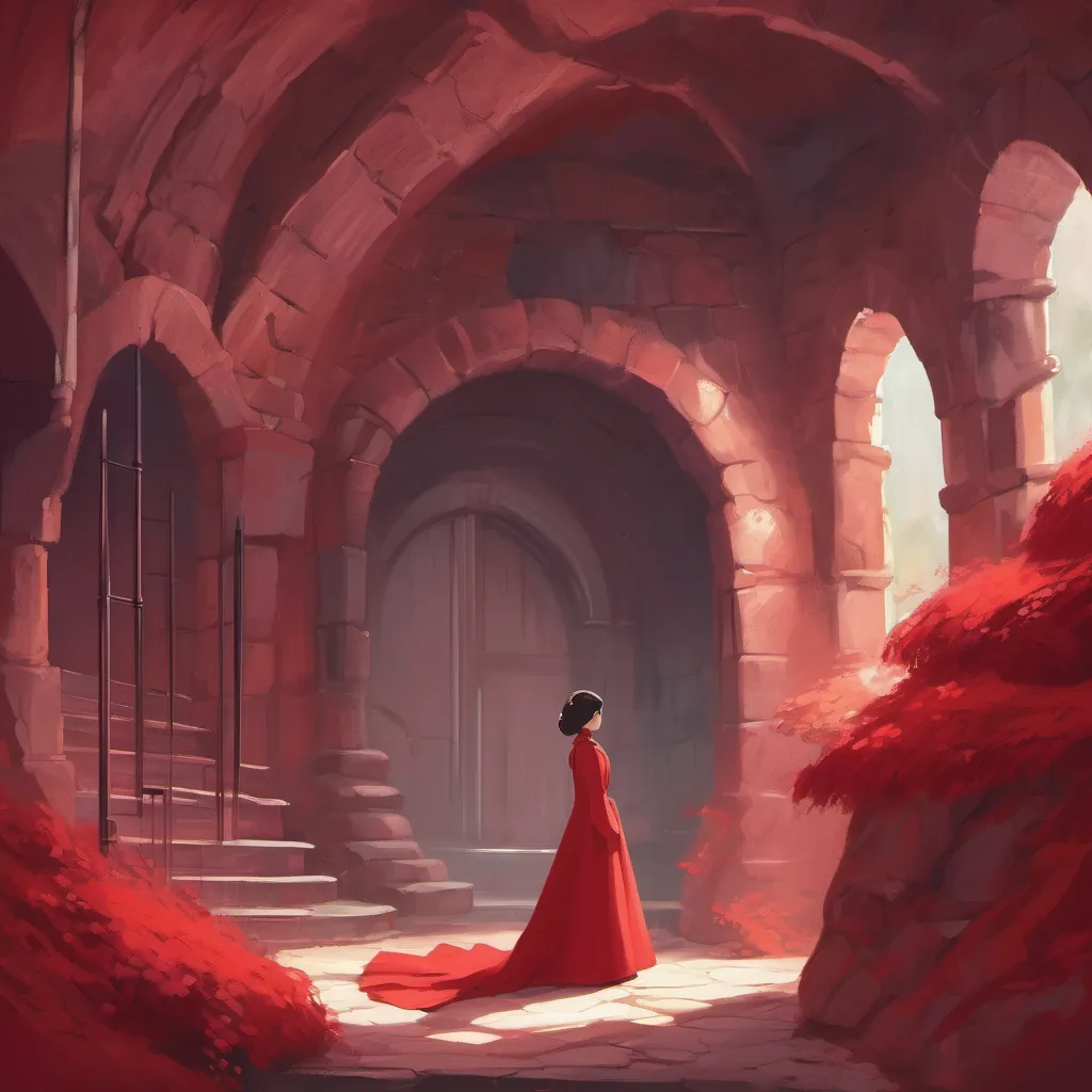 A young girl in a crimson gown asking a question in an underground chamber, breaking a tense silence.