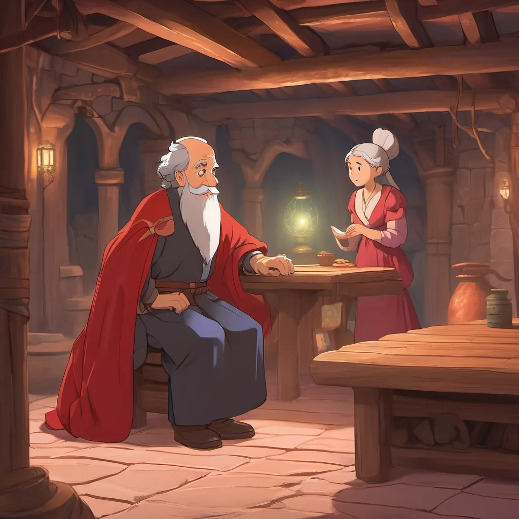 An older man with a wise appearance speaking dramatically at a wooden table in an underground chamber to a young girl in a crimson gown.