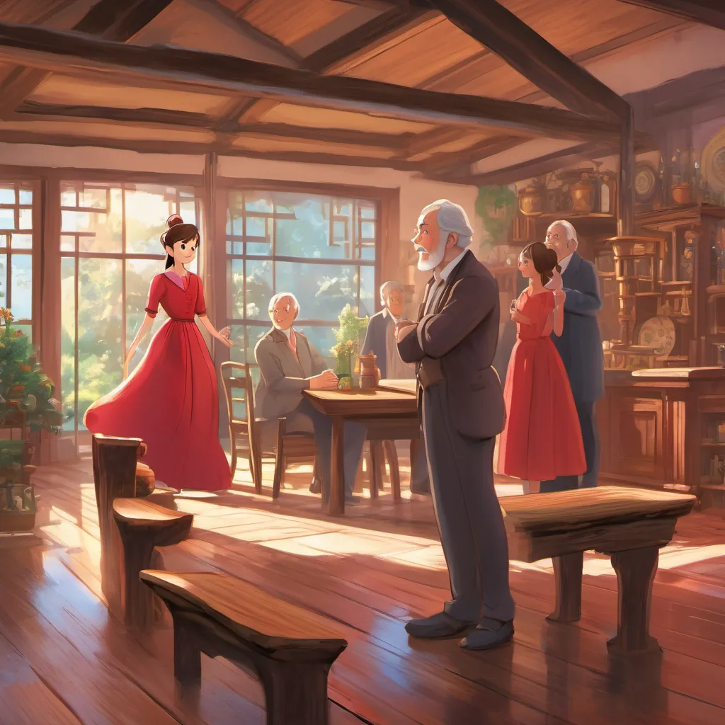 A young girl in a crimson gown standing up excitedly among older men at a wooden table, the room brightening with her energy.