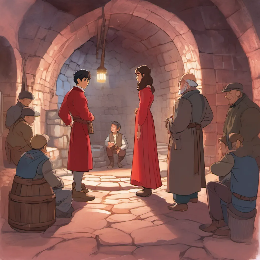 A young man advising a young girl in a crimson gown as she prepares for a quest, surrounded by older men in an underground chamber.