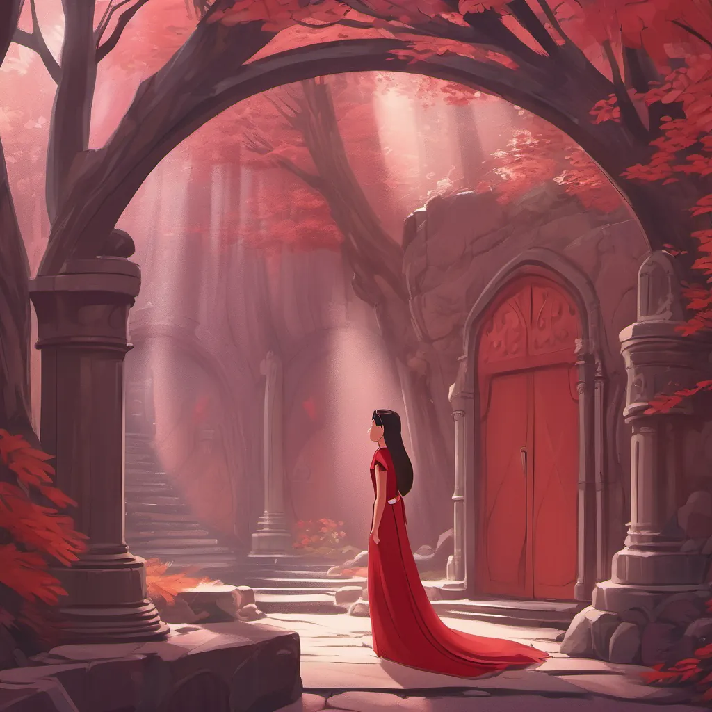 A young girl in a crimson gown looking determined, speaking about visiting the Enchanted Forest in an underground chamber.