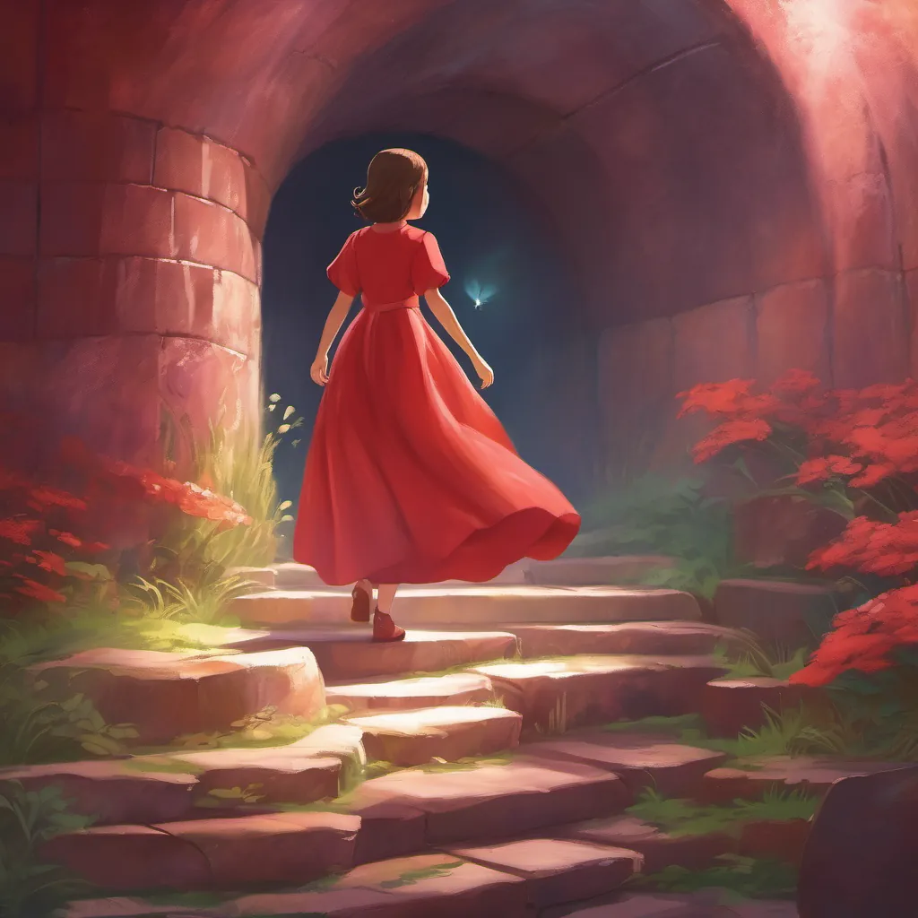 An underground chamber buzzing with excitement, a young girl in a crimson gown feeling the whisper of adventure in the air.