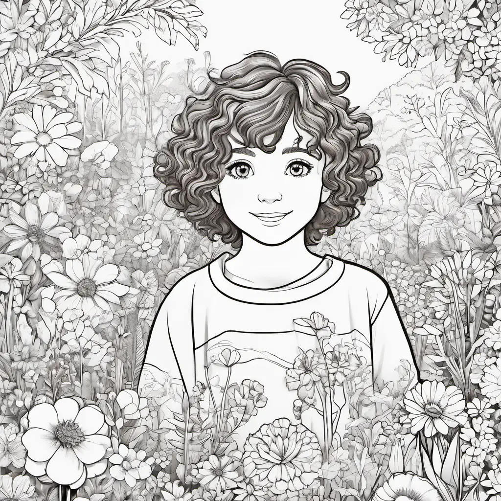 Curly brown hair, bright blue eyes, adventurous spirit in the magical garden, vibrant flowers, friendly atmosphere, colorful surroundings.
