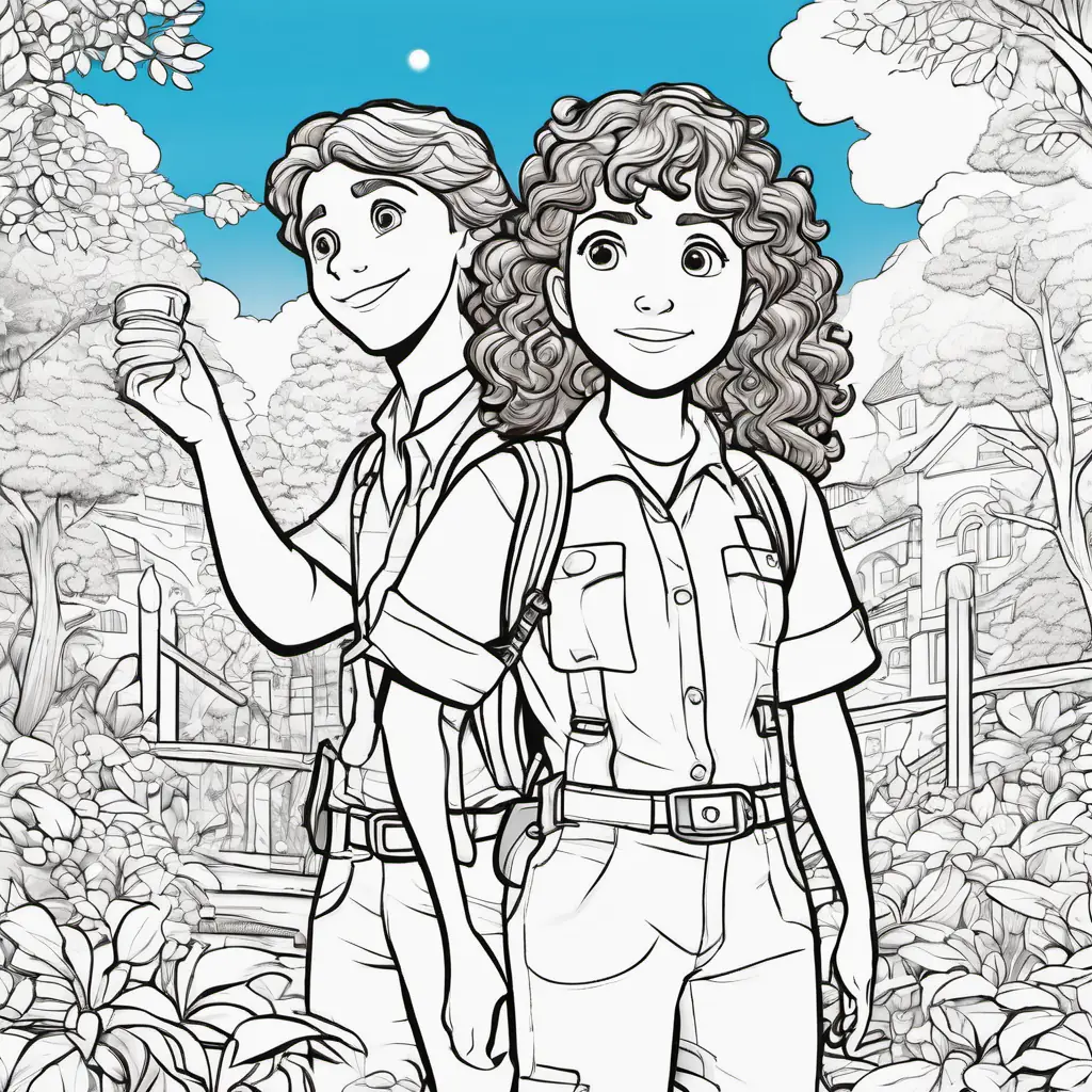 Curly brown hair, bright blue eyes, adventurous spirit facing challenges, solving riddles, working with diverse friends, teamwork.