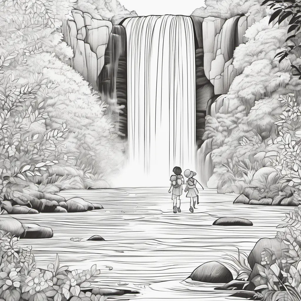 Curly brown hair, bright blue eyes, adventurous spirit and friends at the grand waterfall, sparkling curtain, anticipation and excitement.
