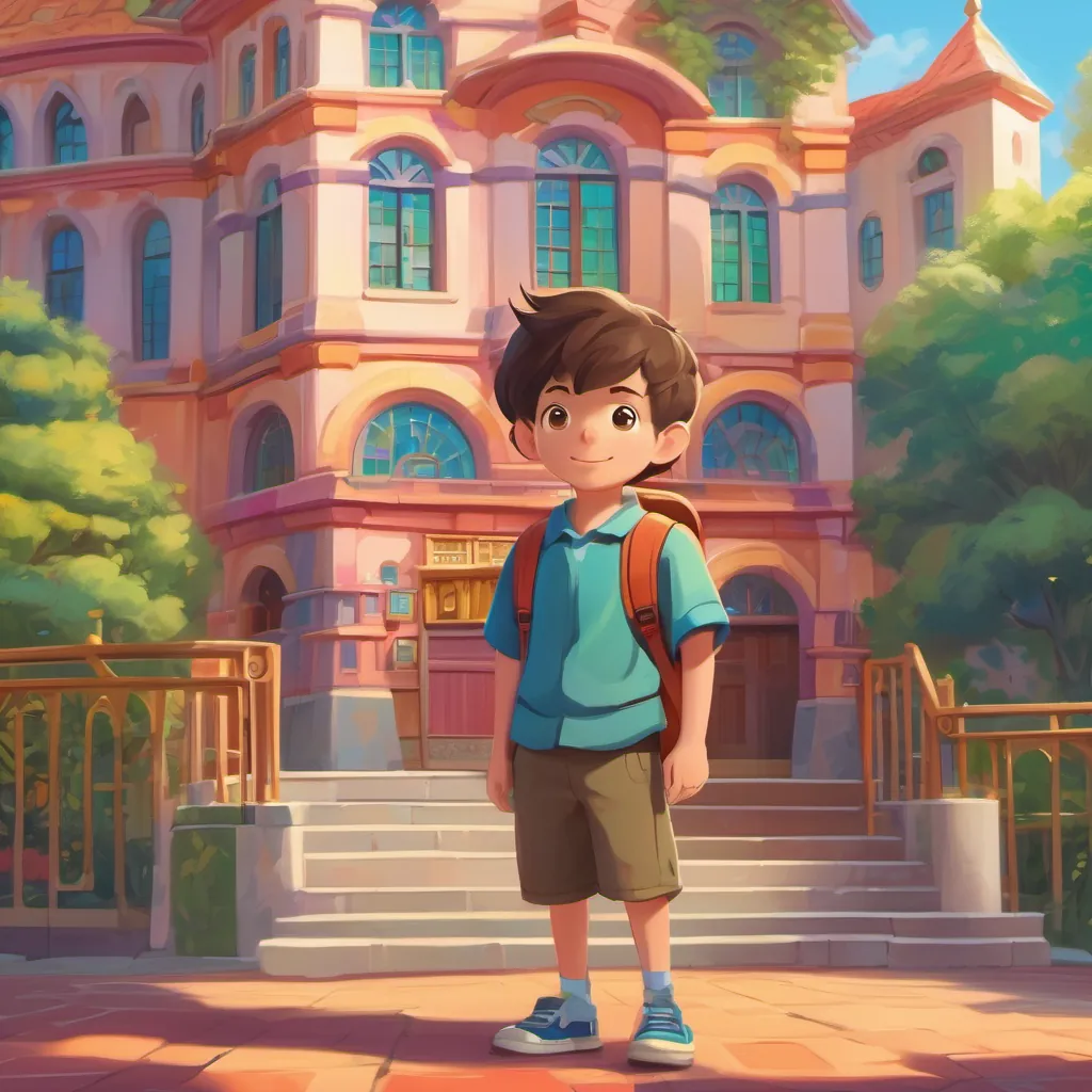 A young, shy boy standing in front of a large, whimsical school building with vibrant colors and playful architecture.