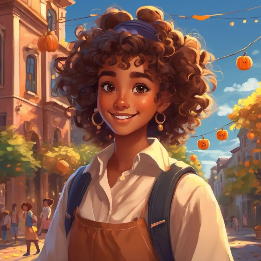 The story takes place in a sunny town, where Sweet girl with brown skin, radiant smile, and beautiful curly hair attends school surrounded by other girls with thin hair. Sweet girl with brown skin, radiant smile, and beautiful curly hair has beautiful curly brown hair, and she often wears it in a ponytail.