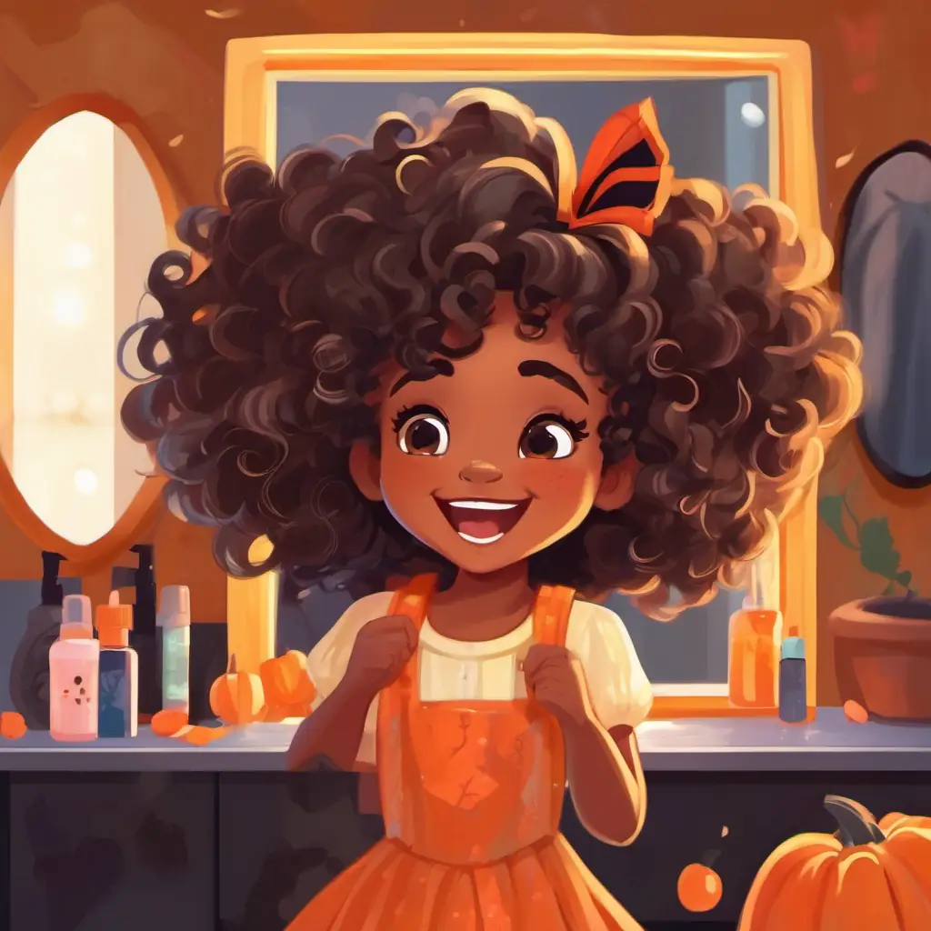 Sweet girl with brown skin, radiant smile, and beautiful curly hair is in front of a mirror, trying to flatten her hair with a comb. Her curly hair keeps springing up, reminding her of its uniqueness.