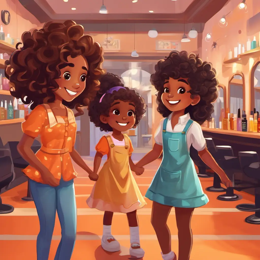 Sweet girl with brown skin, radiant smile, and beautiful curly hair and her mom are happily walking into a modern hair salon, where a friendly stylist with curly hair greets them. The stylist demonstrates different hairstyles on Sweet girl with brown skin, radiant smile, and beautiful curly hair's hair, making her feel proud and happy.