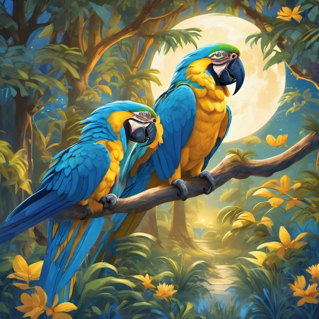 A vivid scene of a blue and yellow macaw hatching beneath a glowing blue moon, surrounded by cheering forest creatures.