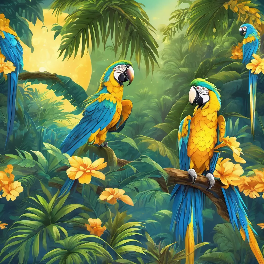 A serene night scene with A vibrant blue and yellow macaw with luminous feathers and wise eyes, embodying the spirit of the Amazon rainforest gazing fondly at the blue moon, surrounded by the tranquil, thriving jungle.