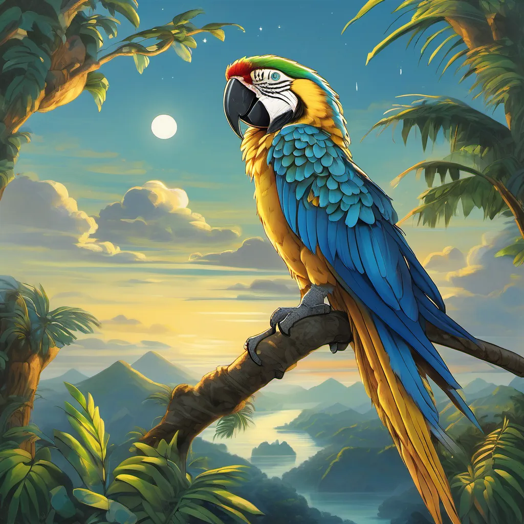 An emotional closing of the story, with A vibrant blue and yellow macaw with luminous feathers and wise eyes, embodying the spirit of the Amazon rainforest perched on a high branch, overlooking the vast Amazonian landscape under the calming moonlight.