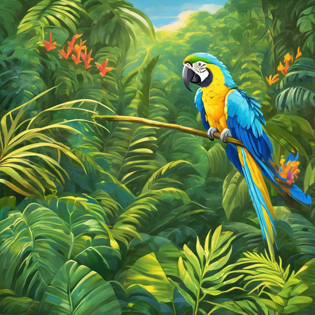 A beautiful illustration of A vibrant blue and yellow macaw with luminous feathers and wise eyes, embodying the spirit of the Amazon rainforest, the macaw, flying gracefully with vibrant colors trailing from her wings, amidst lush green foliage.