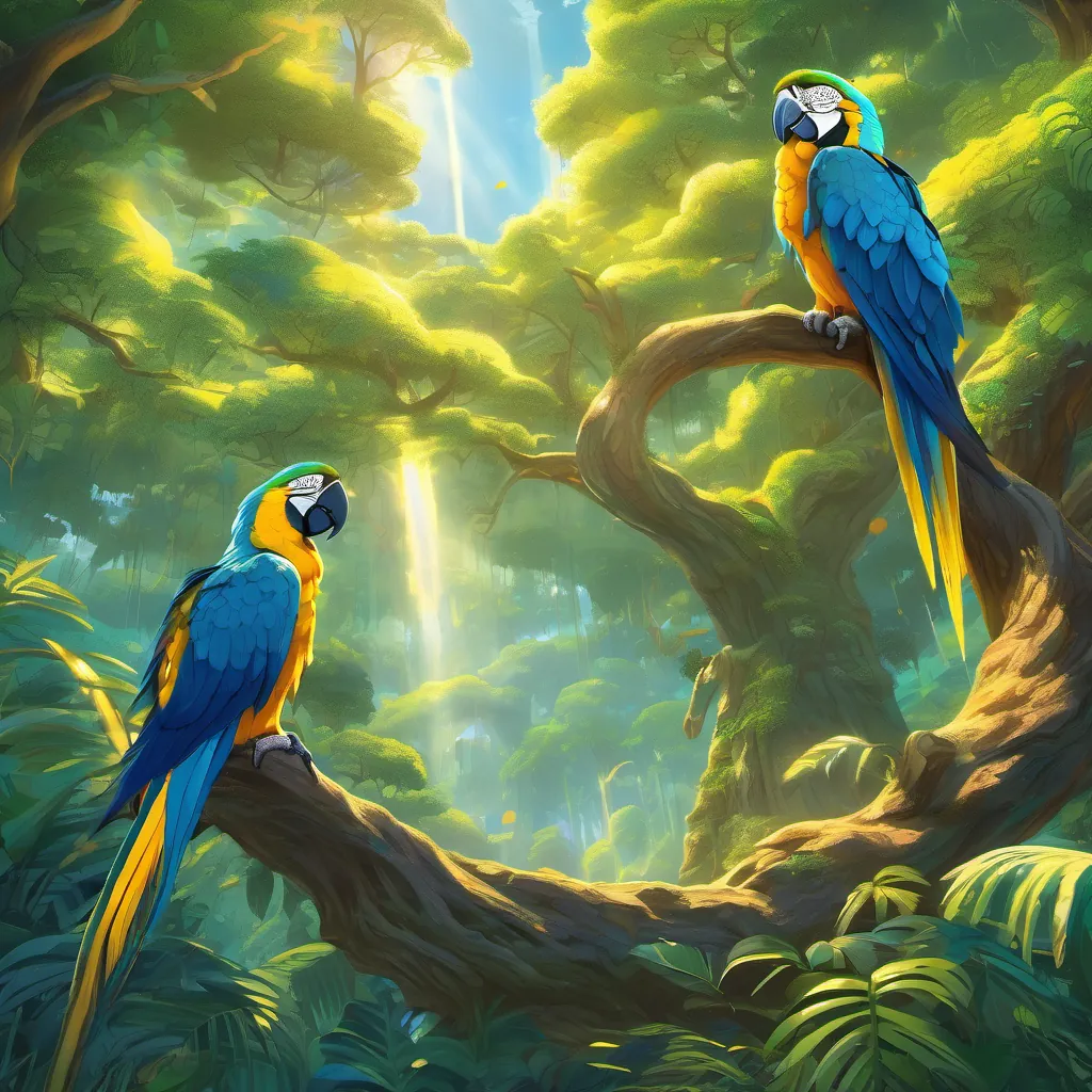 A majestic scene with a massive Mother Tree, wise and ancient, speaking to A vibrant blue and yellow macaw with luminous feathers and wise eyes, embodying the spirit of the Amazon rainforest in a light-filled forest glade.