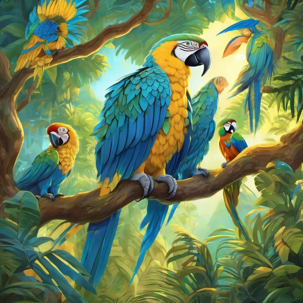 An imaginative depiction of various Amazonian animals gathered around A vibrant blue and yellow macaw with luminous feathers and wise eyes, embodying the spirit of the Amazon rainforest and the Mother Tree, symbolizing unity and communication.