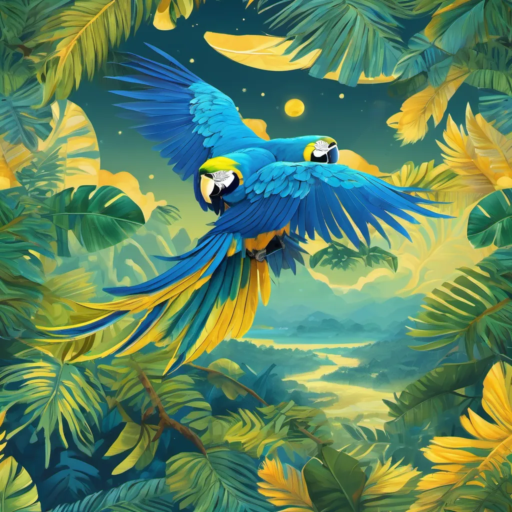 A stunning aerial view of A vibrant blue and yellow macaw with luminous feathers and wise eyes, embodying the spirit of the Amazon rainforest flying under a bright blue moon, the Amazon sprawling beneath her, alive with nocturnal wonders.