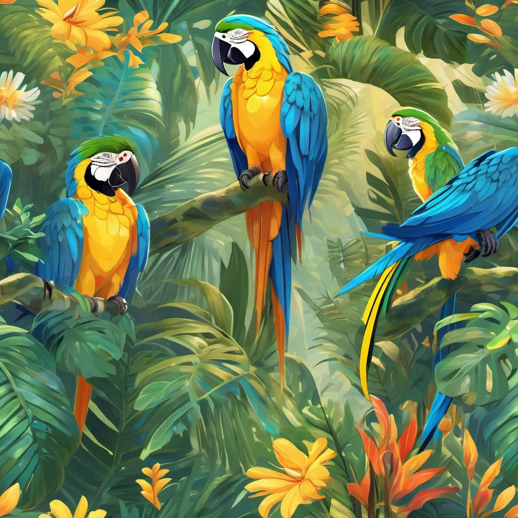 A joyful ensemble, showing A vibrant blue and yellow macaw with luminous feathers and wise eyes, embodying the spirit of the Amazon rainforest welcoming the volunteers, her magic shimmering as plants flourish and animals find new homes.