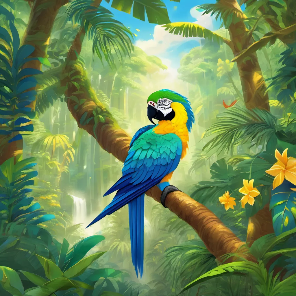 A heartwarming image of a rejuvenated, smiling rainforest, bursting with vitality and the collaborative spirit of A vibrant blue and yellow macaw with luminous feathers and wise eyes, embodying the spirit of the Amazon rainforest and the volunteers.