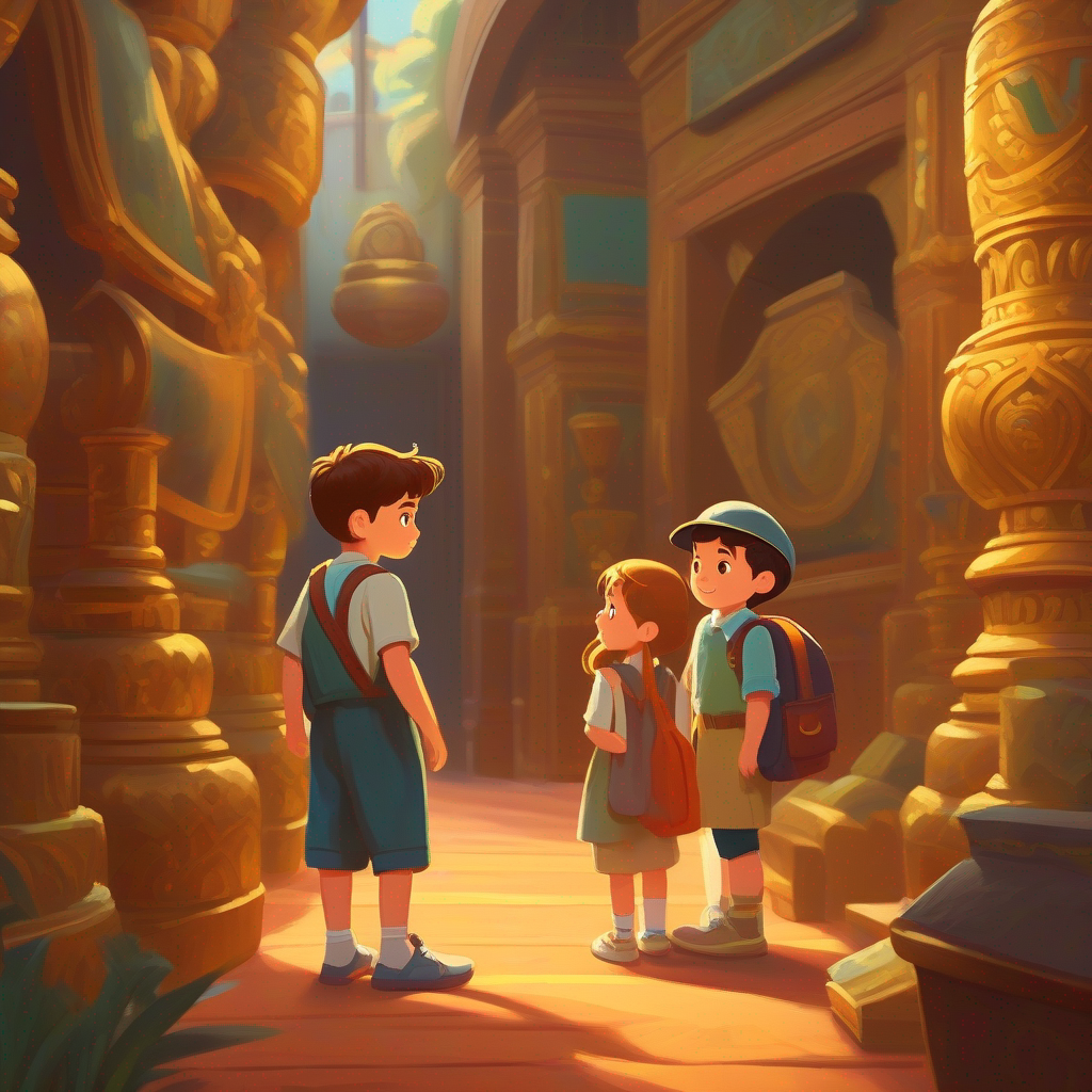 Two children exploring a museum, filled with ancient treasures.