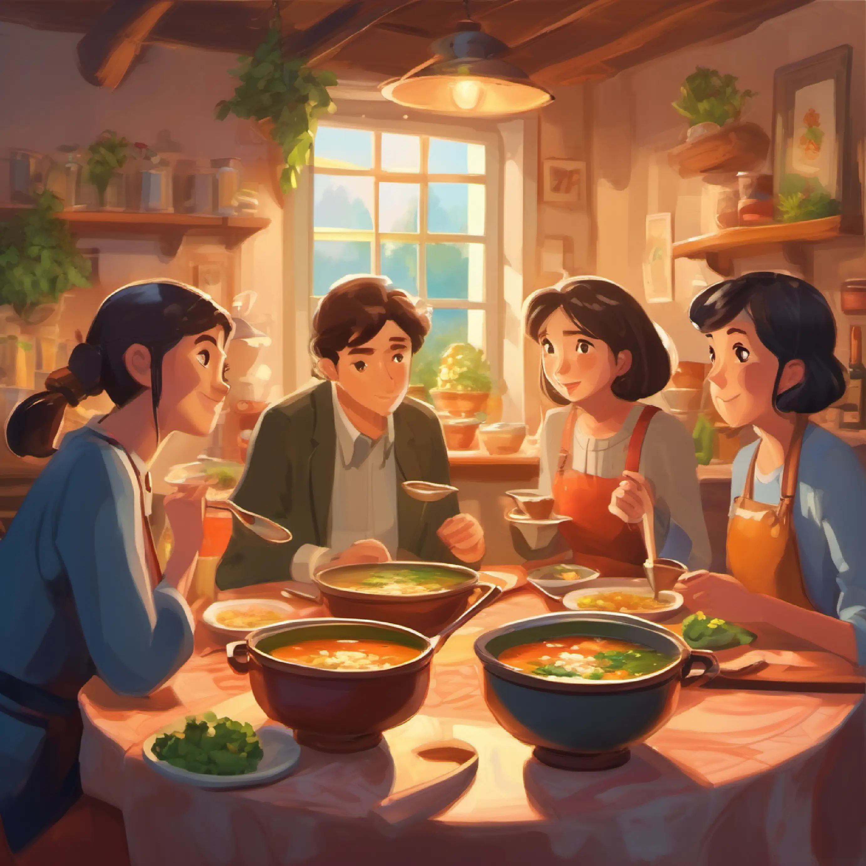 Dinner scene, eating soup together