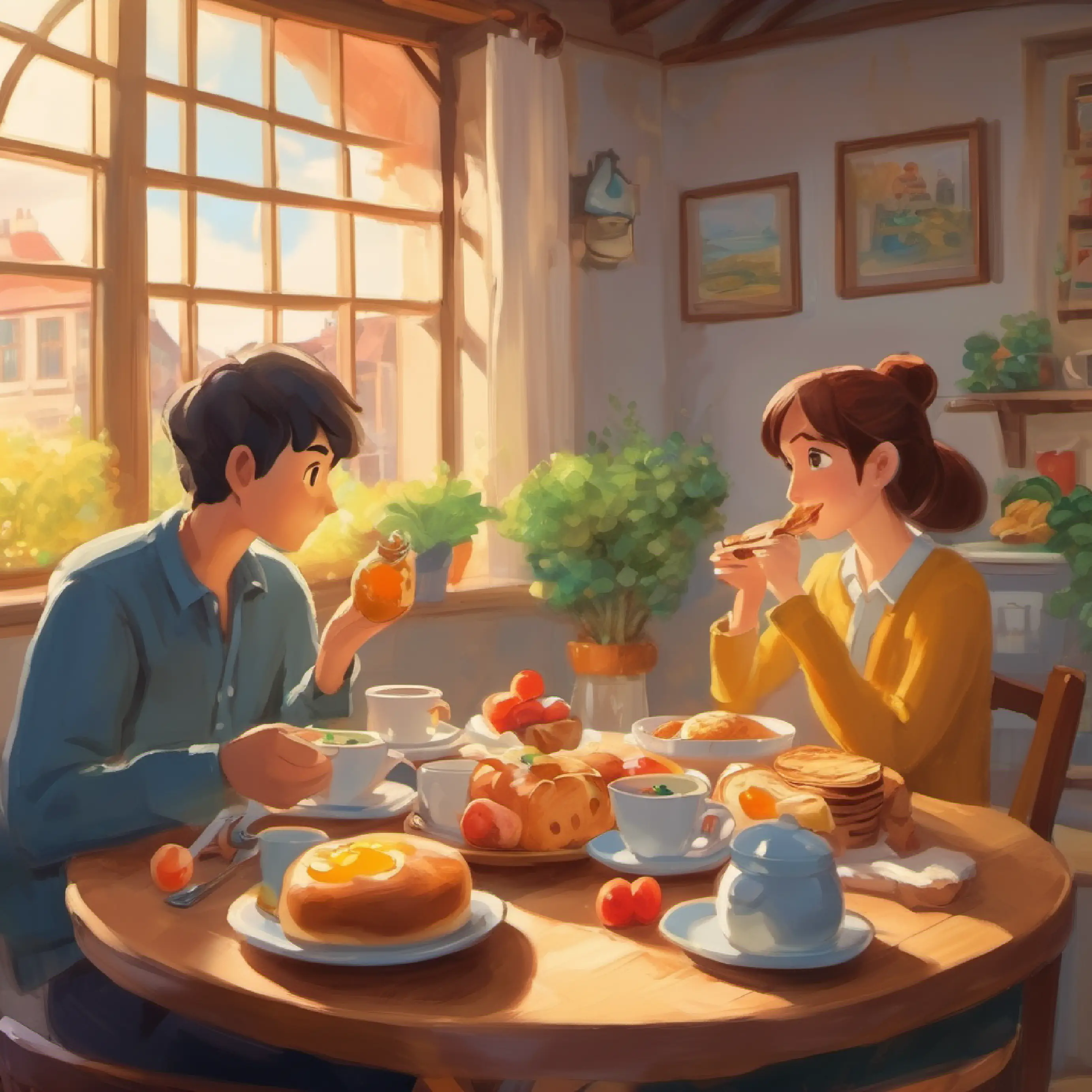 Breakfast scene, both characters eating