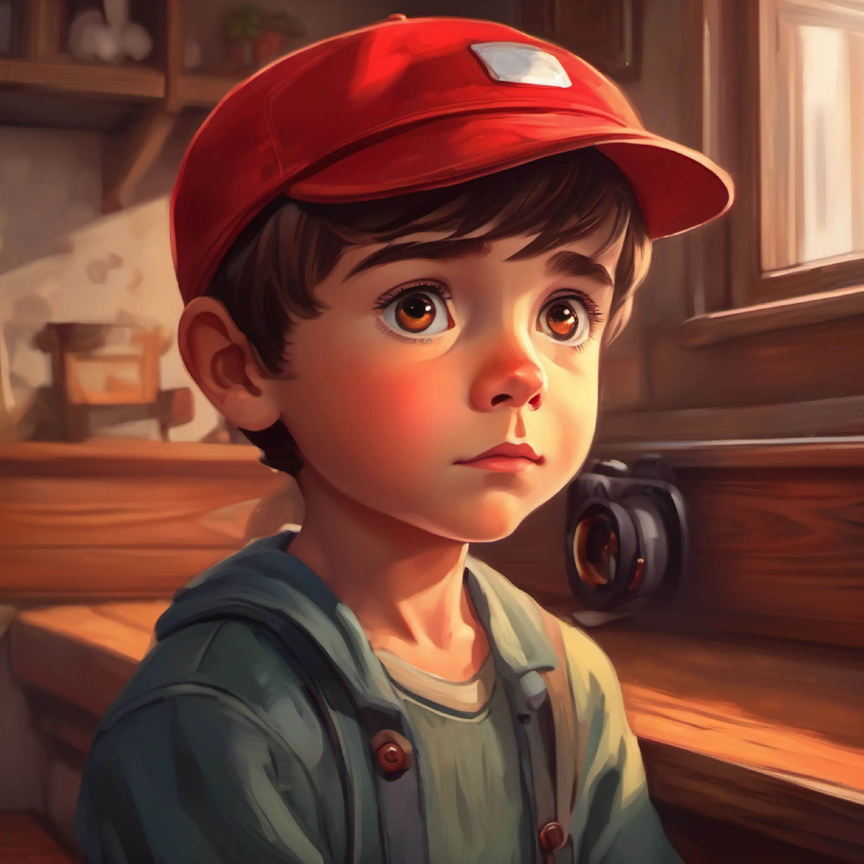 Curious little boy, short brown hair, big brown eyes, always wears a red cap finds a camera in Grandpa’s house, feels sad but curious.