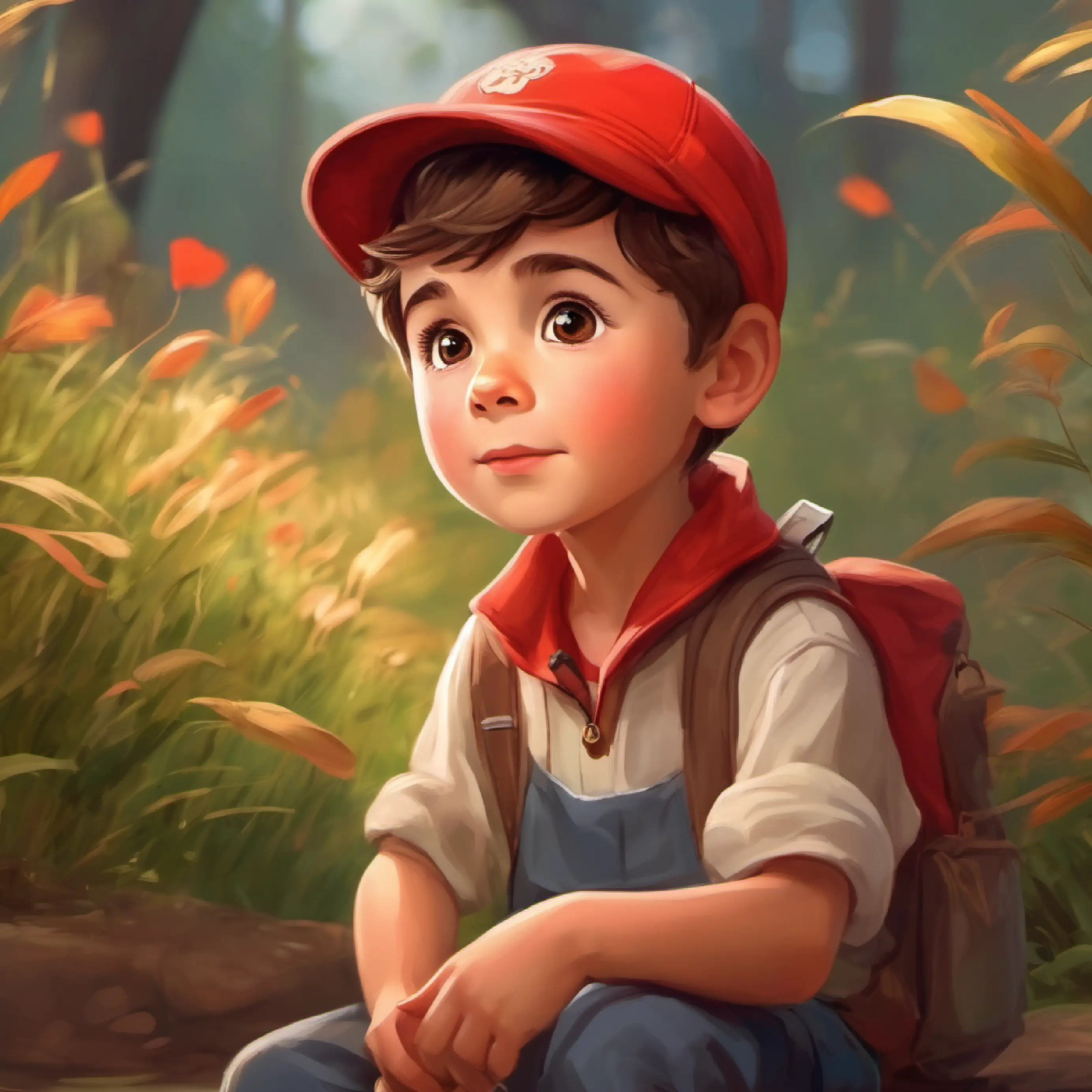 Curious little boy, short brown hair, big brown eyes, always wears a red cap's first photo shows Grandpa, sparking wonder.