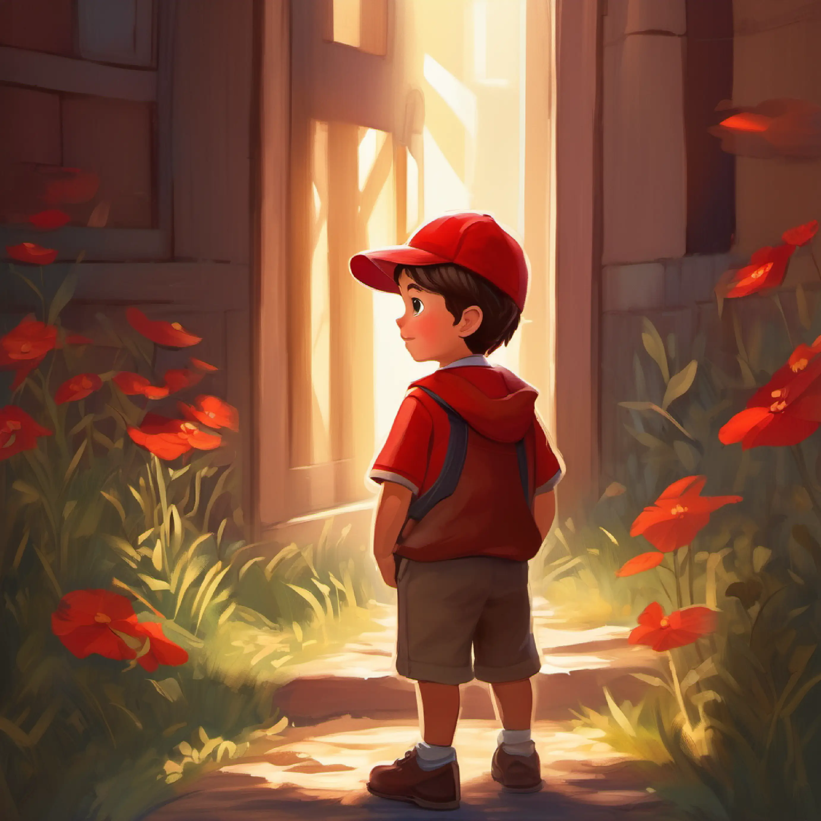 Curious little boy, short brown hair, big brown eyes, always wears a red cap encounters a mysterious shadow urging him to find the light.