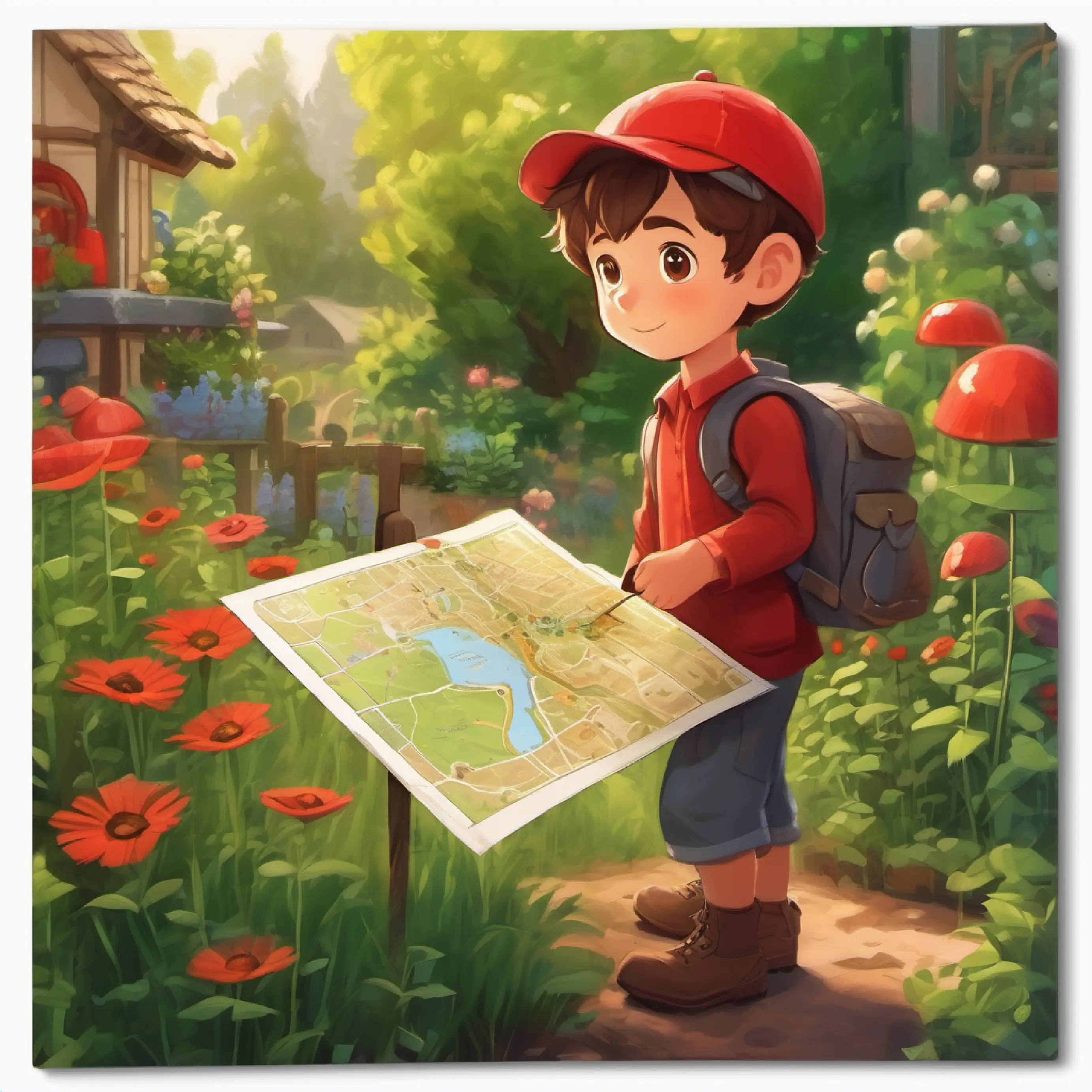 A photo reveals a garden map, Curious little boy, short brown hair, big brown eyes, always wears a red cap starts an adventure.