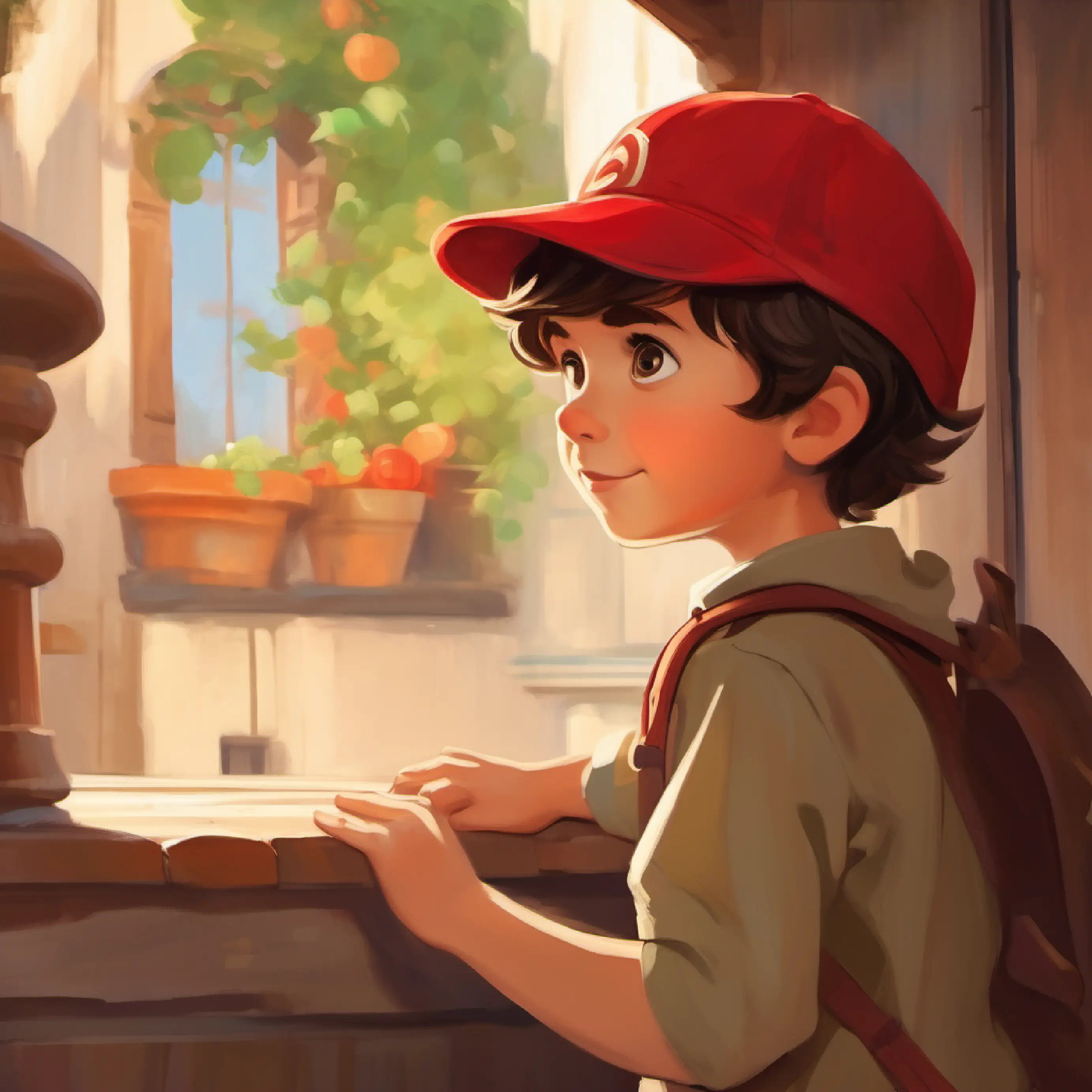 Curious little boy, short brown hair, big brown eyes, always wears a red cap finds clues, feeling guided and cheered by friendly shadows.