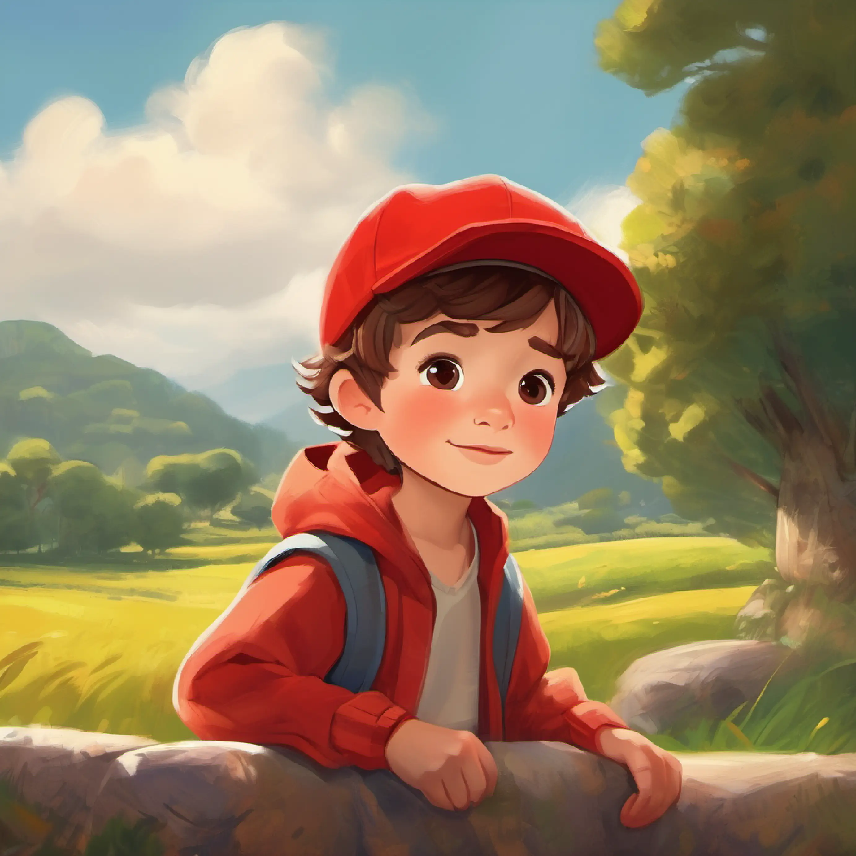 Curious little boy, short brown hair, big brown eyes, always wears a red cap thanks the camera, feels Grandpa’s love, ready for new stories.
