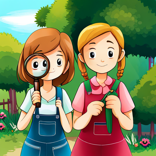 girls named Brown hair, pink dress, holding a flower, Blonde hair, blue shirt, carrying a magnifying glass, and Red hair, green overalls, with a backpack find the garden