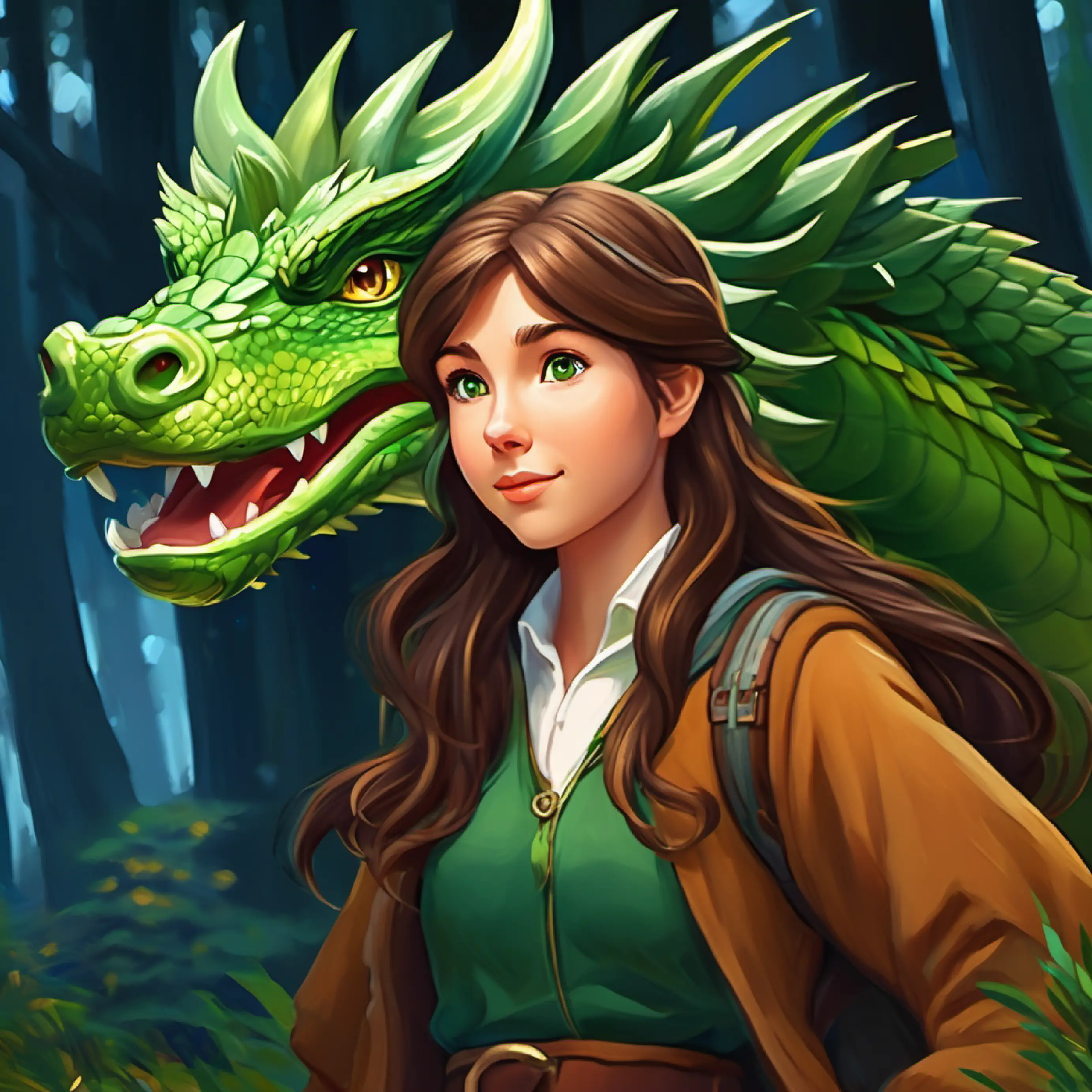 Long brown hair, green eyes begins her adventure towards the forest where the wild dragon resides.