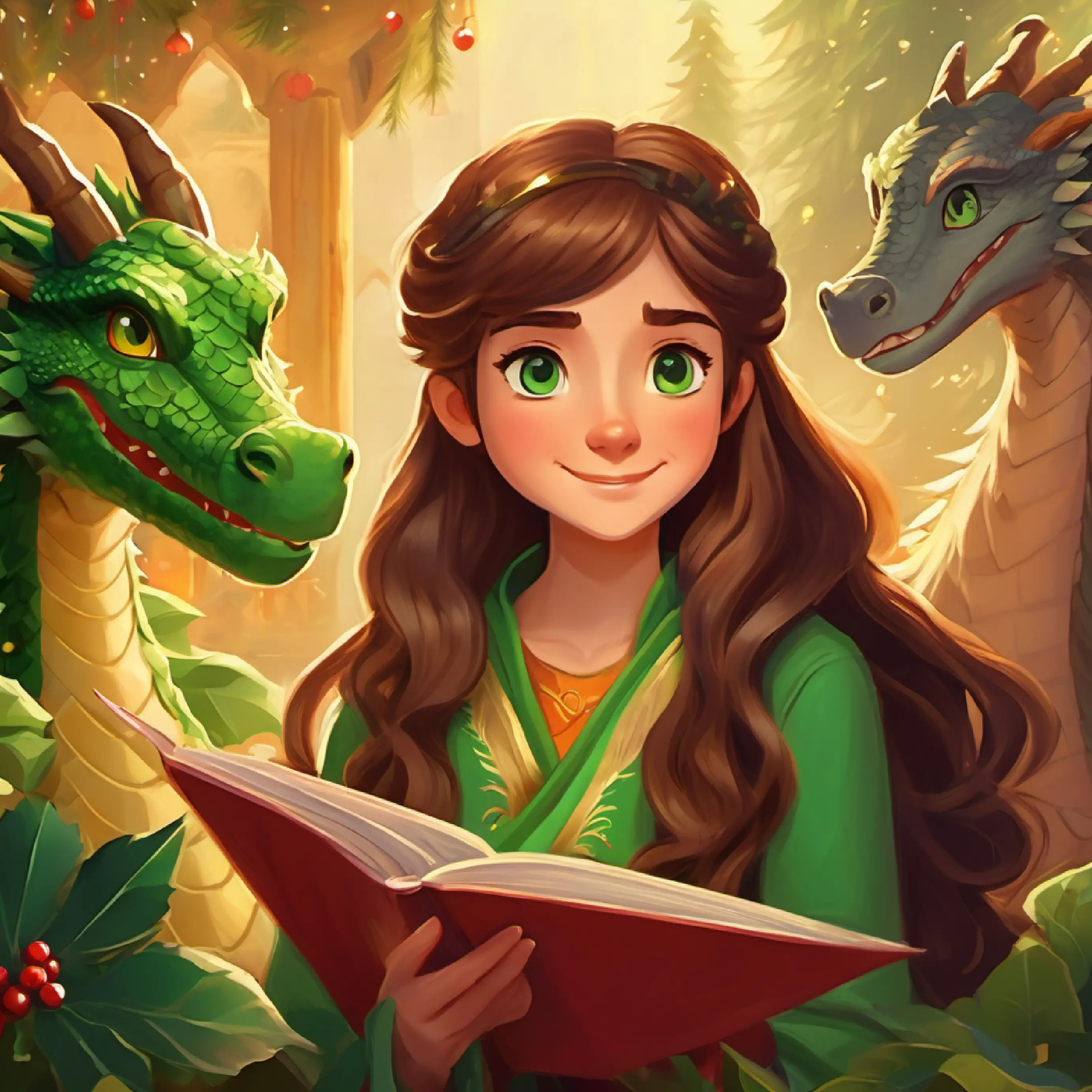 Long brown hair, green eyes encounters friendly creatures who provide valuable advice about the dragon.