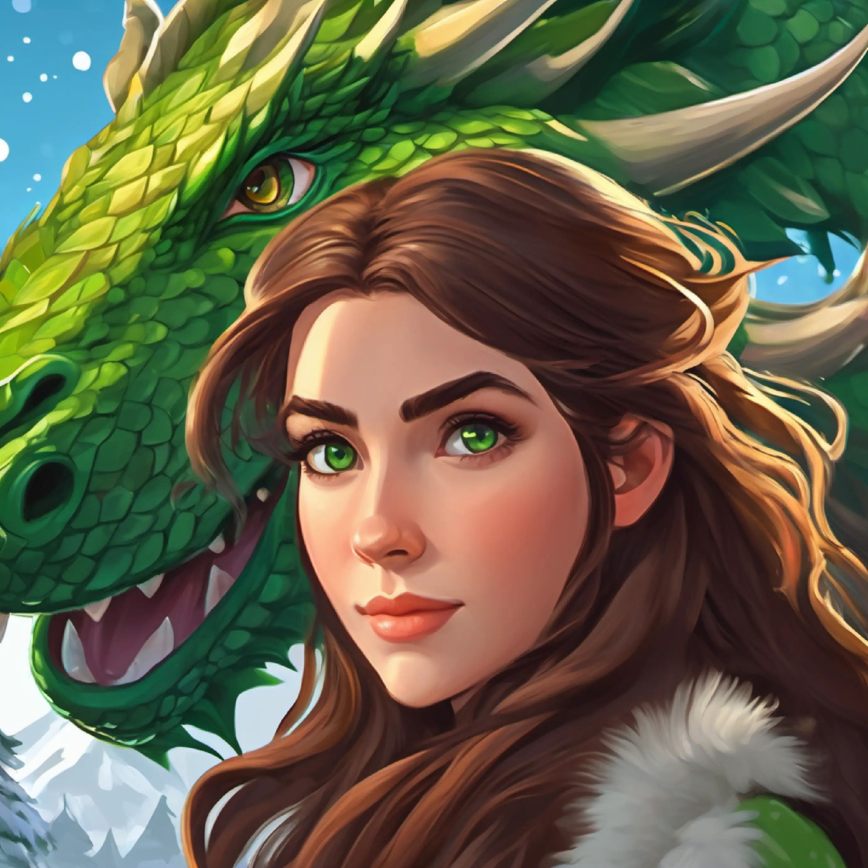 Long brown hair, green eyes faces the wild dragon, showcasing its stunning appearance and her brave approach.