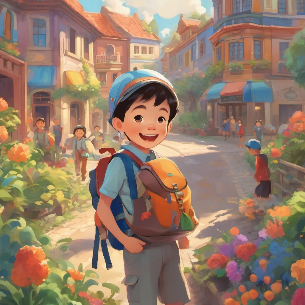 A cheery little boy named A cheery little boy named Chow with playful expressions and a vivid imagination, often seen with a backpack and a huge smile with a backpack, surrounded by playful children and a colorful school building in a bright, whimsical town.