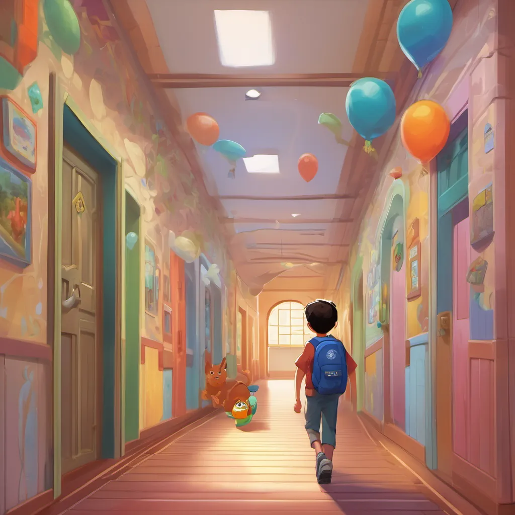 A colorful school hallway with tall walls, A cheery little boy named Chow with playful expressions and a vivid imagination, often seen with a backpack and a huge smile looking surprised, and a friendly ghost giggling as it drifts past the wall.