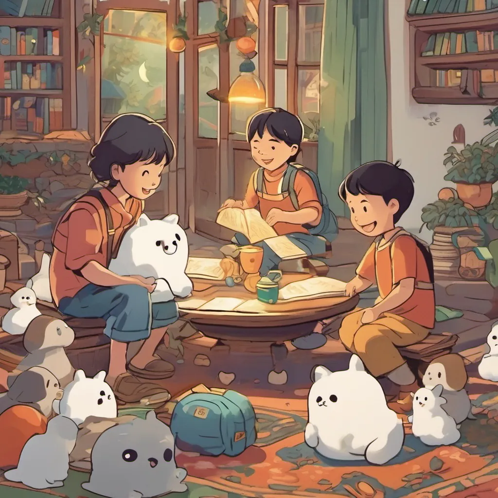 Children gathered around a storytime circle, listening intently to tales of A cheery little boy named Chow with playful expressions and a vivid imagination, often seen with a backpack and a huge smile and A friendly and whimsical ghost with a carefree spirit, often seen giggling and floating playfully around, with imagery of their adventures.
