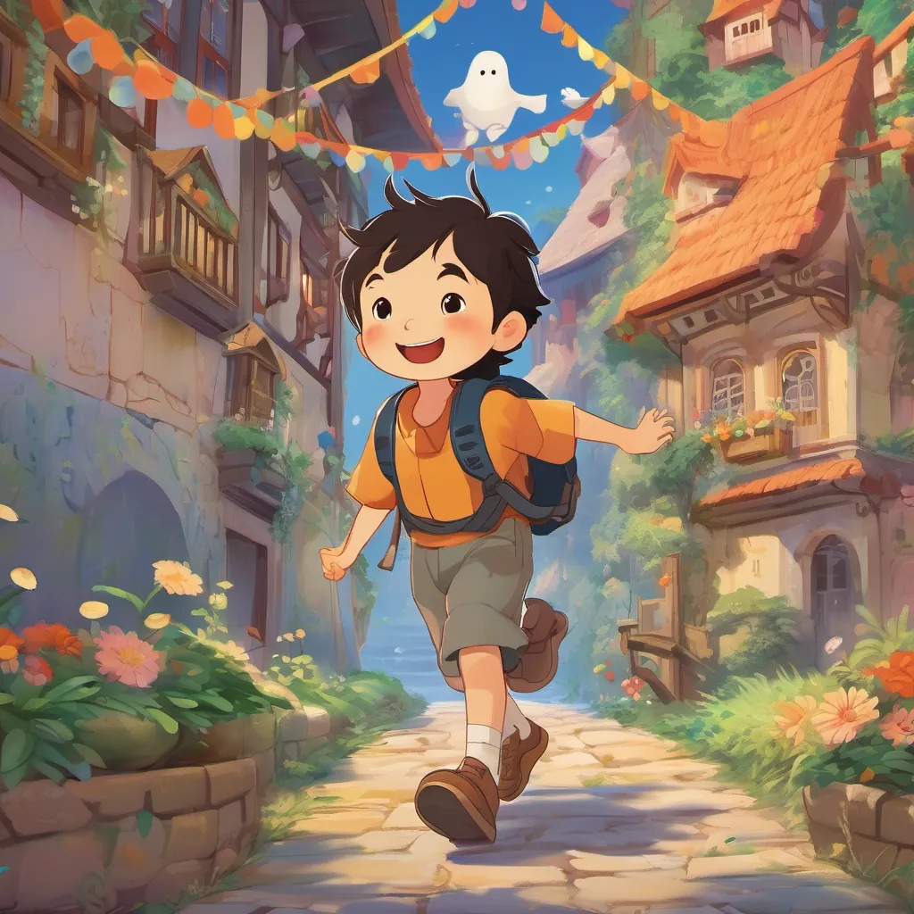 A dreamy scene of A cheery little boy named Chow with playful expressions and a vivid imagination, often seen with a backpack and a huge smile and A friendly and whimsical ghost with a carefree spirit, often seen giggling and floating playfully around playing, with giggles echoing, and the school depicted as a magical place of endless fun.