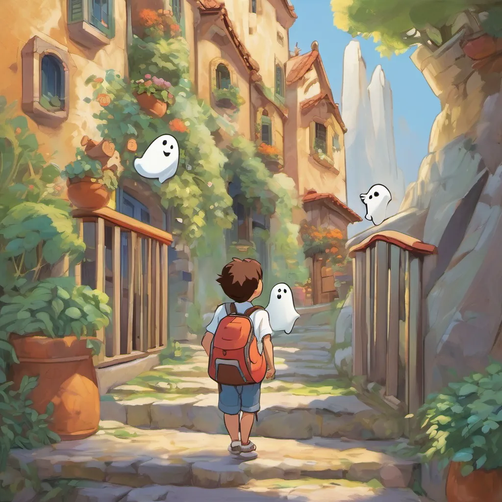 The ghost named A friendly and whimsical ghost with a carefree spirit, often seen giggling and floating playfully around, making a friendly gesture from the ledge, while A cheery little boy named Chow with playful expressions and a vivid imagination, often seen with a backpack and a huge smile looks curious and intrigued, with a butter and bread metaphor.