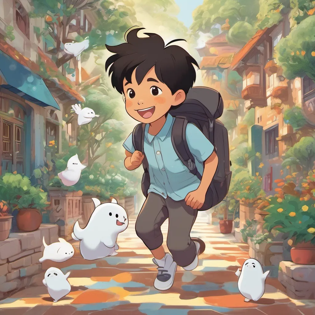 A cheery little boy named Chow with playful expressions and a vivid imagination, often seen with a backpack and a huge smile and A friendly and whimsical ghost with a carefree spirit, often seen giggling and floating playfully around dancing through the school hallways, surrounded by playful chalk drawings of animals coming to life.