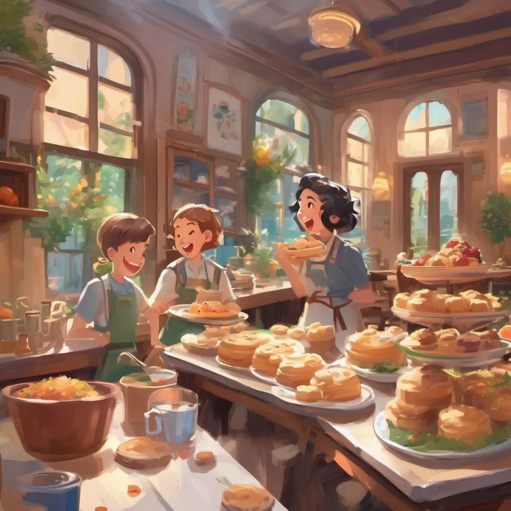 A lively lunchroom scene with jiggling puddings, students laughing, and cookies making fun sounds as they're eaten.
