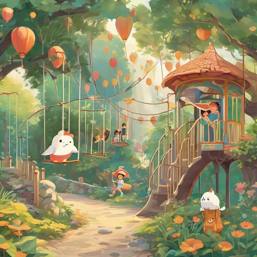 A whimsical playground with soaring swings, children playing, and A cheery little boy named Chow with playful expressions and a vivid imagination, often seen with a backpack and a huge smile and A friendly and whimsical ghost with a carefree spirit, often seen giggling and floating playfully around bravely exploring every corner.