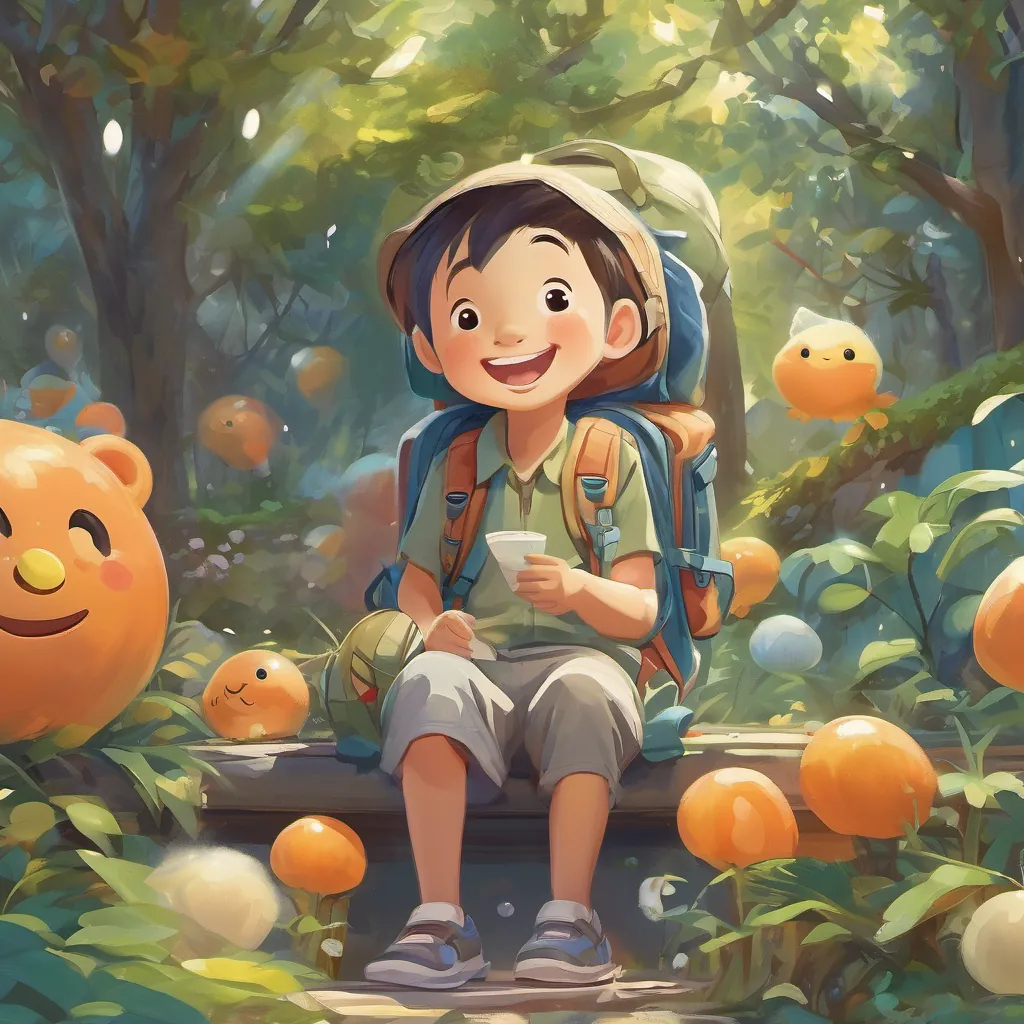 A cheery little boy named Chow with playful expressions and a vivid imagination, often seen with a backpack and a huge smile and A friendly and whimsical ghost with a carefree spirit, often seen giggling and floating playfully around sitting amidst sunbeams and dew, sharing secrets and giggling, with an aura of pure friendship.