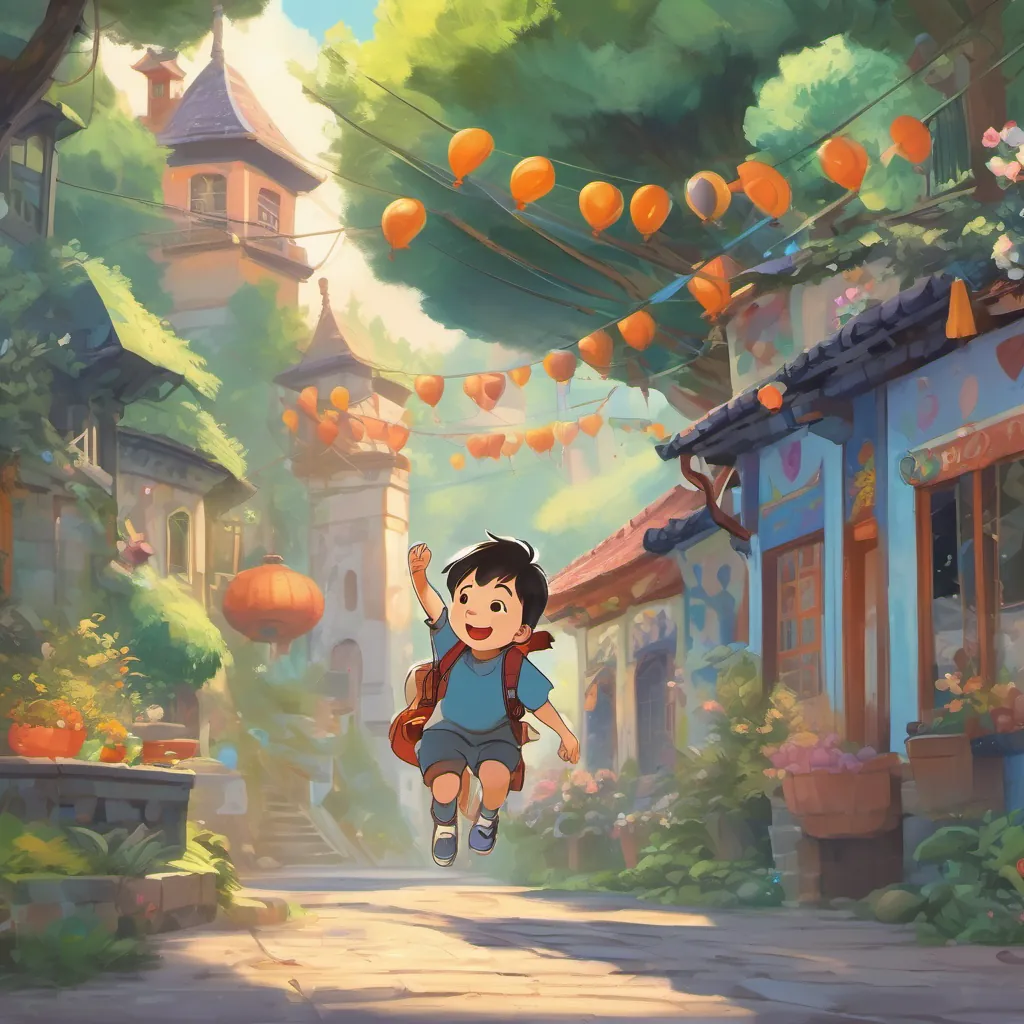 A cheery little boy named Chow with playful expressions and a vivid imagination, often seen with a backpack and a huge smile smiling wide with a heart full of joy, A friendly and whimsical ghost with a carefree spirit, often seen giggling and floating playfully around floating nearby, and the school depicted as a fun and lively place.