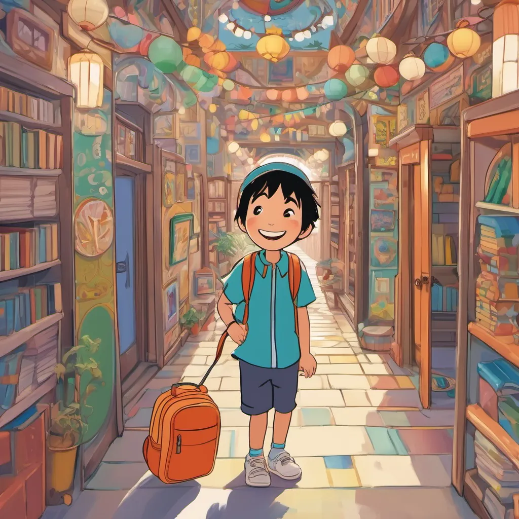 A cheery little boy named Chow with playful expressions and a vivid imagination, often seen with a backpack and a huge smile and A friendly and whimsical ghost with a carefree spirit, often seen giggling and floating playfully around walking through the school's doors, leaving a trail of laughter, and a lively, fun-filled environment behind them.
