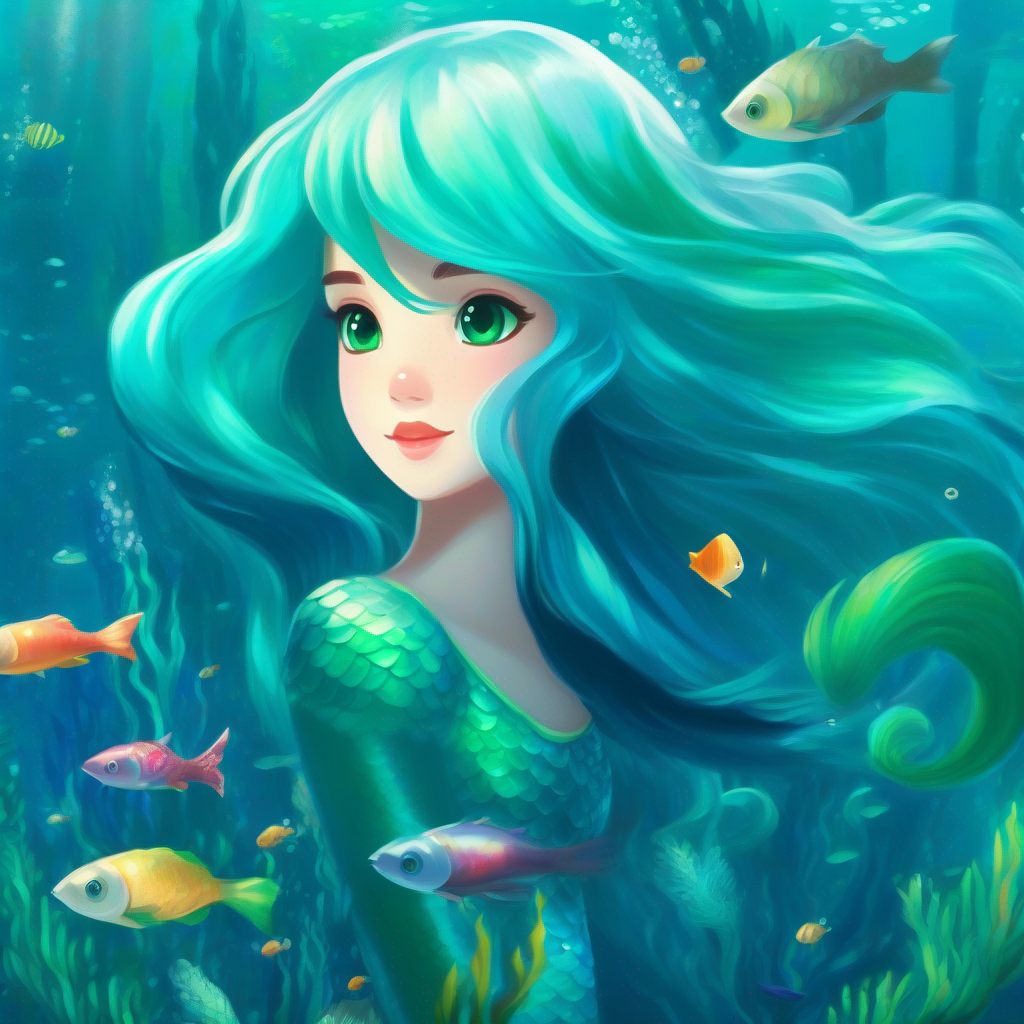Underwater kingdom with Mermaid princess with blue-green hair and silver tail, blue-green hair, silver tail