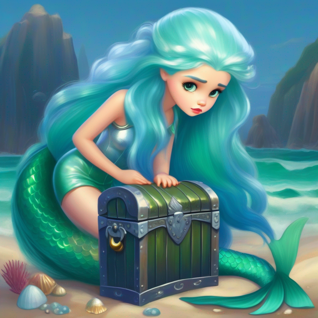 Mermaid princess with blue-green hair and silver tail looking sad, missing seashell, treasure chest